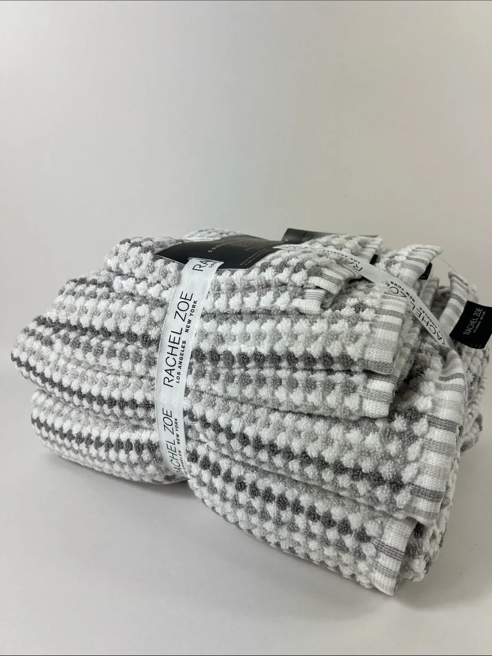 Rachel Zoe Towel Set Taupe Gray White Waffle Weave Soft 100% Cotton 6 Pc Set NEW